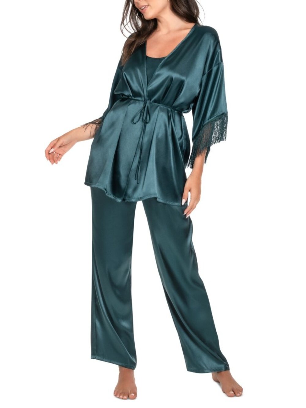 Linea Donatella Women's 3-Pc. Satin Fringe Robe, Cami & Pants Set size S